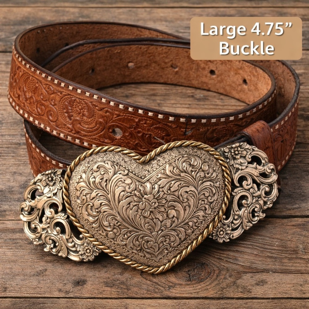 Vintage Western Heart Belt Crumrine Buckle Size 34 Tooled Leather
